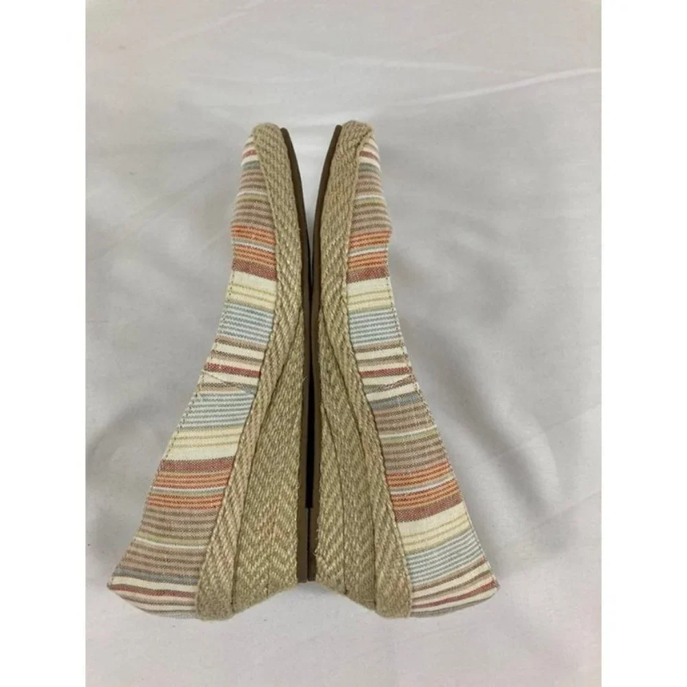 Womens American Eagle Stripe Canvas Espadrille‎ Wedge Tan White Blue W8.5